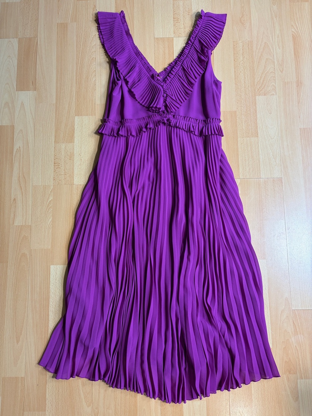 Sezane Rachelle Midi Dress Violet Magenta Accordion Pleated V-Neck Ruffle - Picture 5 of 13